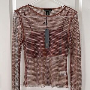 NWT House of Harlow 1960 Brown Open Stitch Top size XS fish net see through top